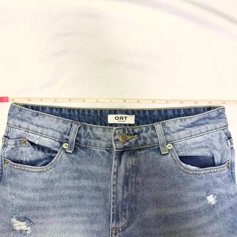oat new york denim long line distressed high-rise bermuda shorts size 28”
